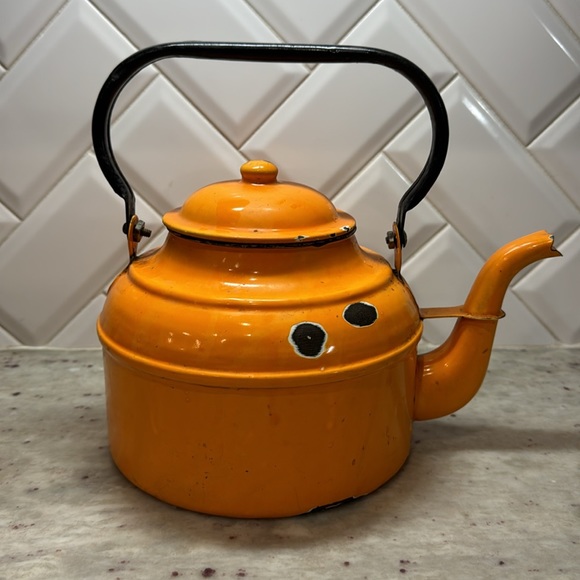Vintage Orange Enamelware Tea Kettle - Picture 2 of 5